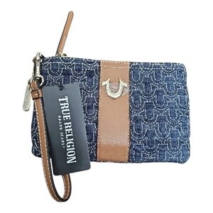 NEW True Religion Denim and Tan Leather Wristlet‎ Wallet Keychain Handbag